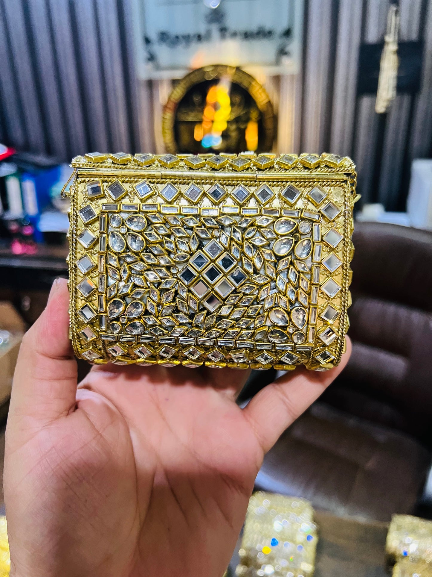 Mid Medium Kundan Golden Base Bag, Square Shape BB-S9