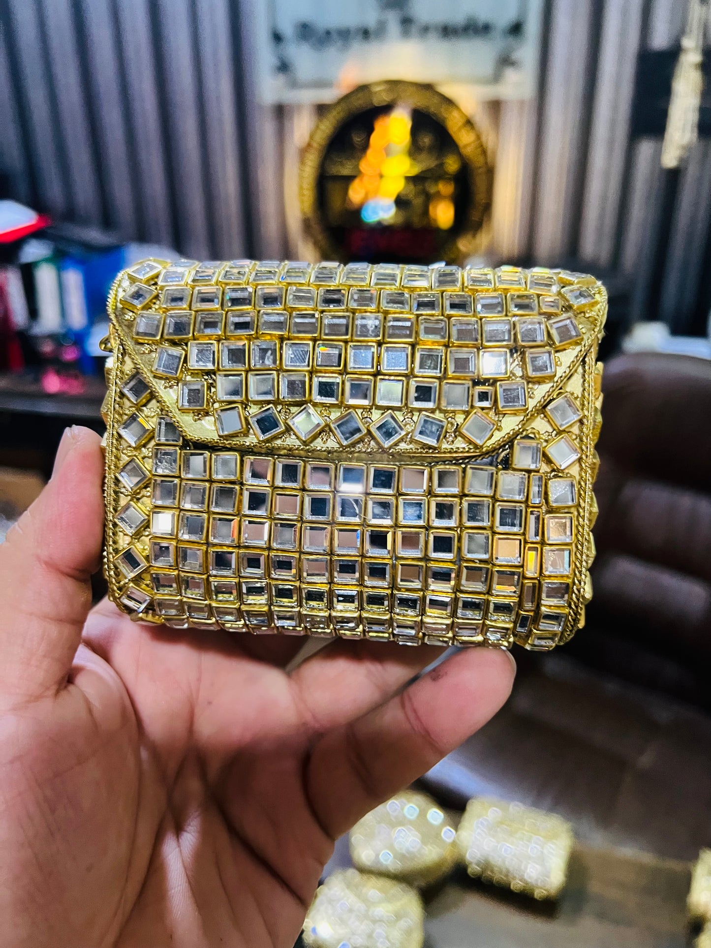Mid Medium Kundan Golden Base Bag, Square Shape BB-S7