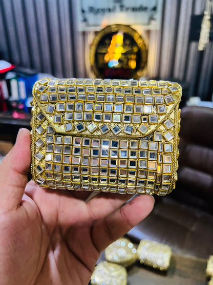 Mid Medium Kundan Golden Base Bag, Square Shape BB-S7