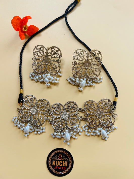 Golden Color White Pearls Butterfly Necklace Set