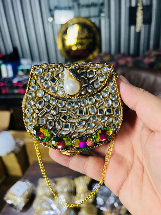 Stylish D Shape Mini Baby Kundan Work Multi Stone Bag ZC-D5