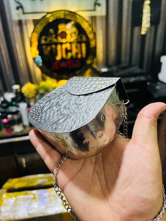 Silver Metal Hand Carving Mini Bag -Round