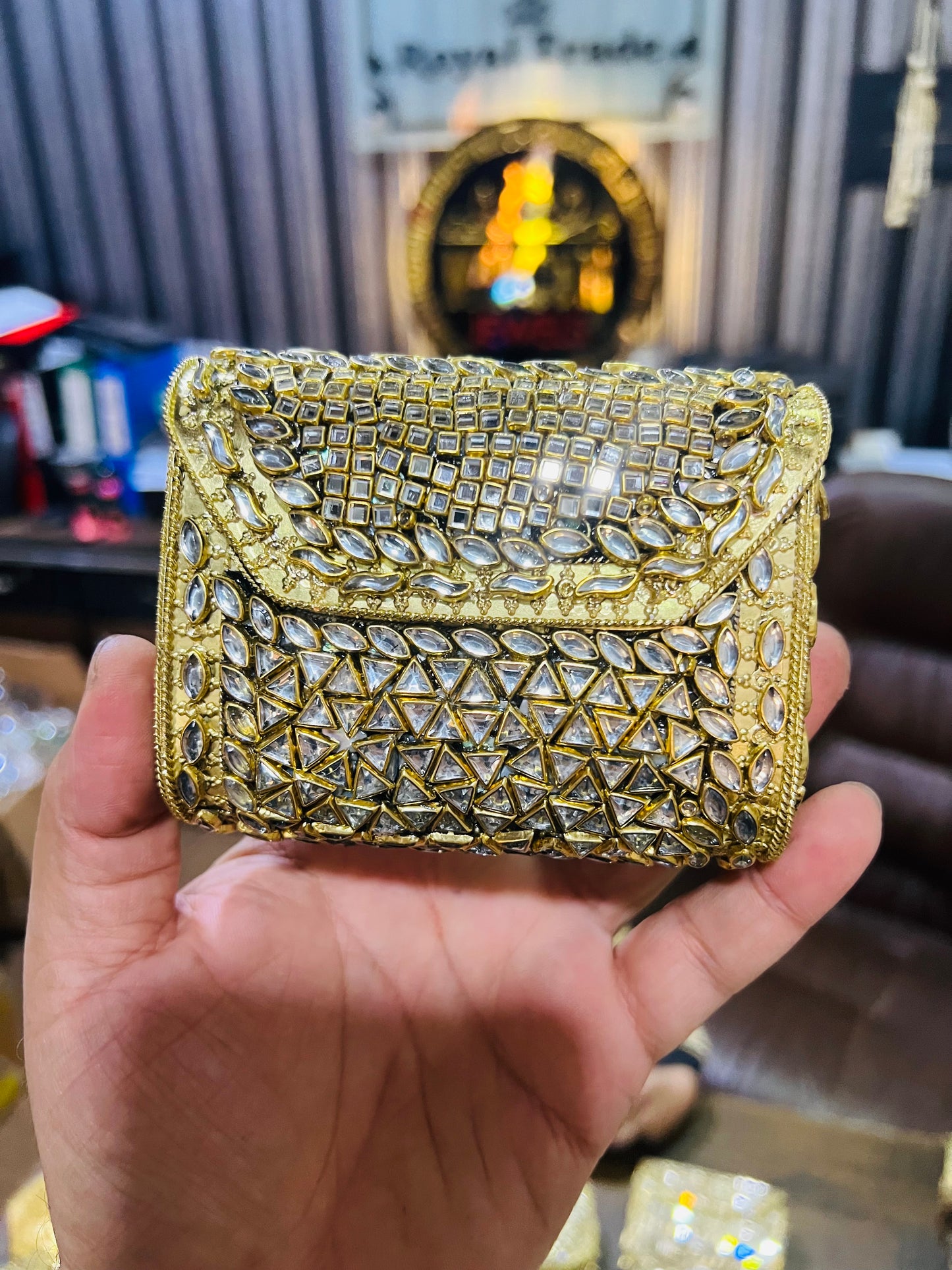 Mid Medium Kundan Golden Base Bag, Square Shape BB-S8