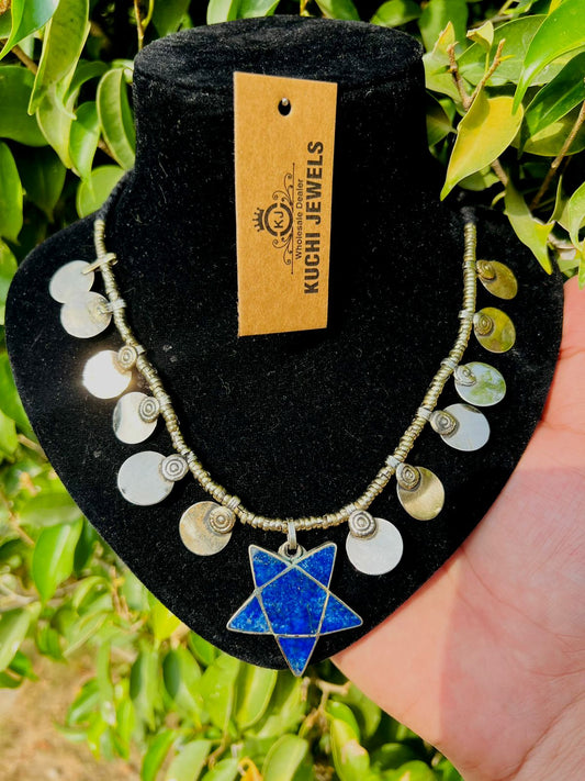 German Silver Moon And Multi Design Lapis Stone Pendant Necklace