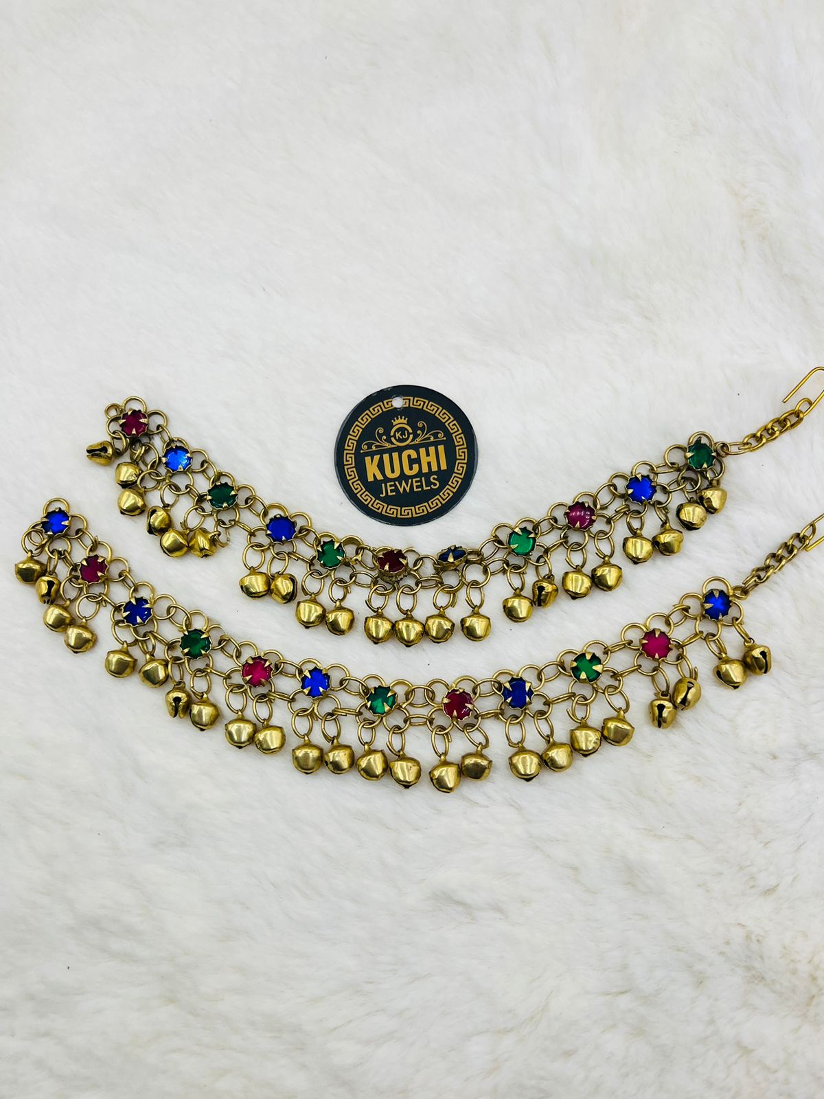 Golden Bells And Multi Stone Anklet Pair