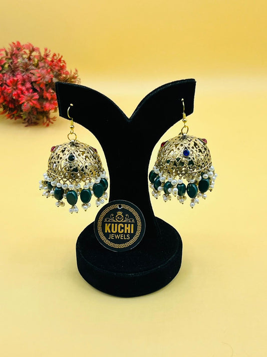 Green Beads Golden Large Jhumka Earrings