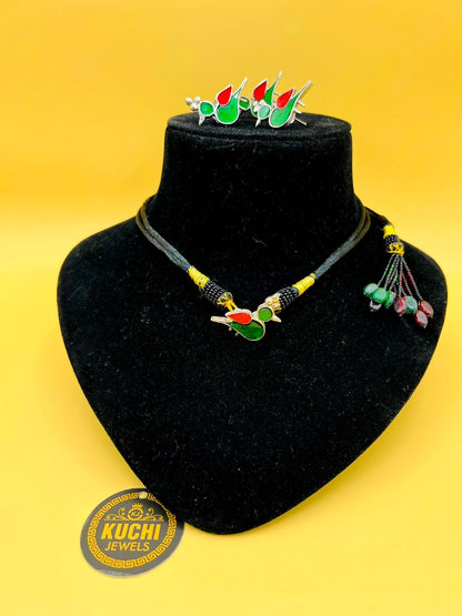 Green Bird Necklace Set With Indian Strip