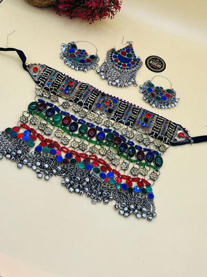 Handmade Multi Stone Afghani German Silver Necklace Set