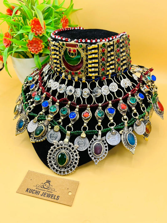 Handmade Traditional Afghan Crystal Coins Choker