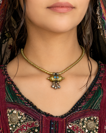 Golden Dholki Afghan Pendant Choker With Turquoise Beads