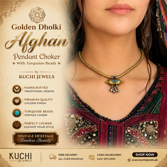 Golden Dholki Afghan Pendant Choker With Turquoise Beads
