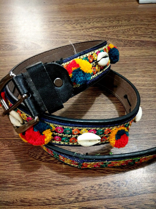 Tribal Embroidered Pompom Shell Jeans Belt