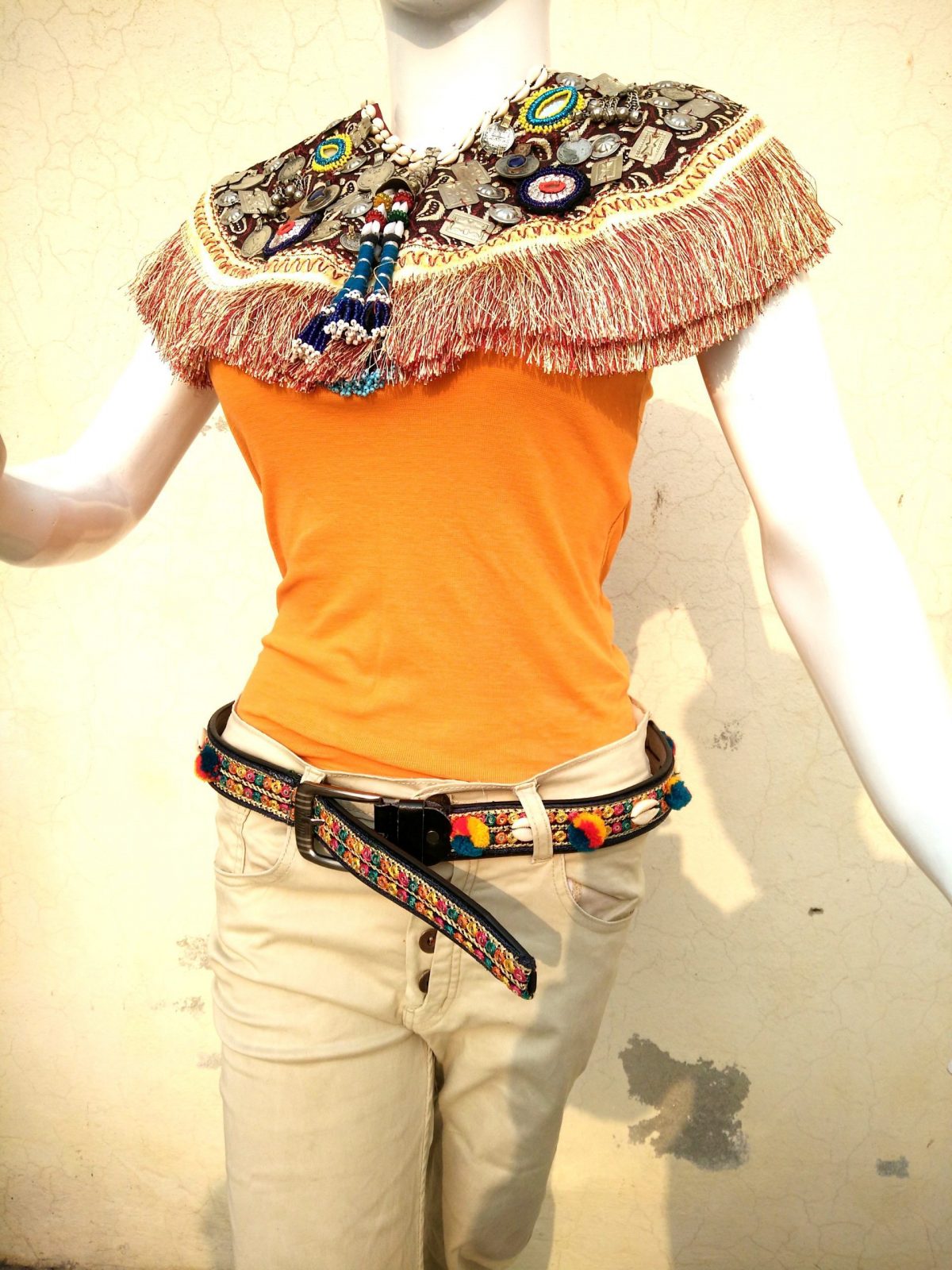 Tribal Embroidered Pompom Shell Jeans Belt