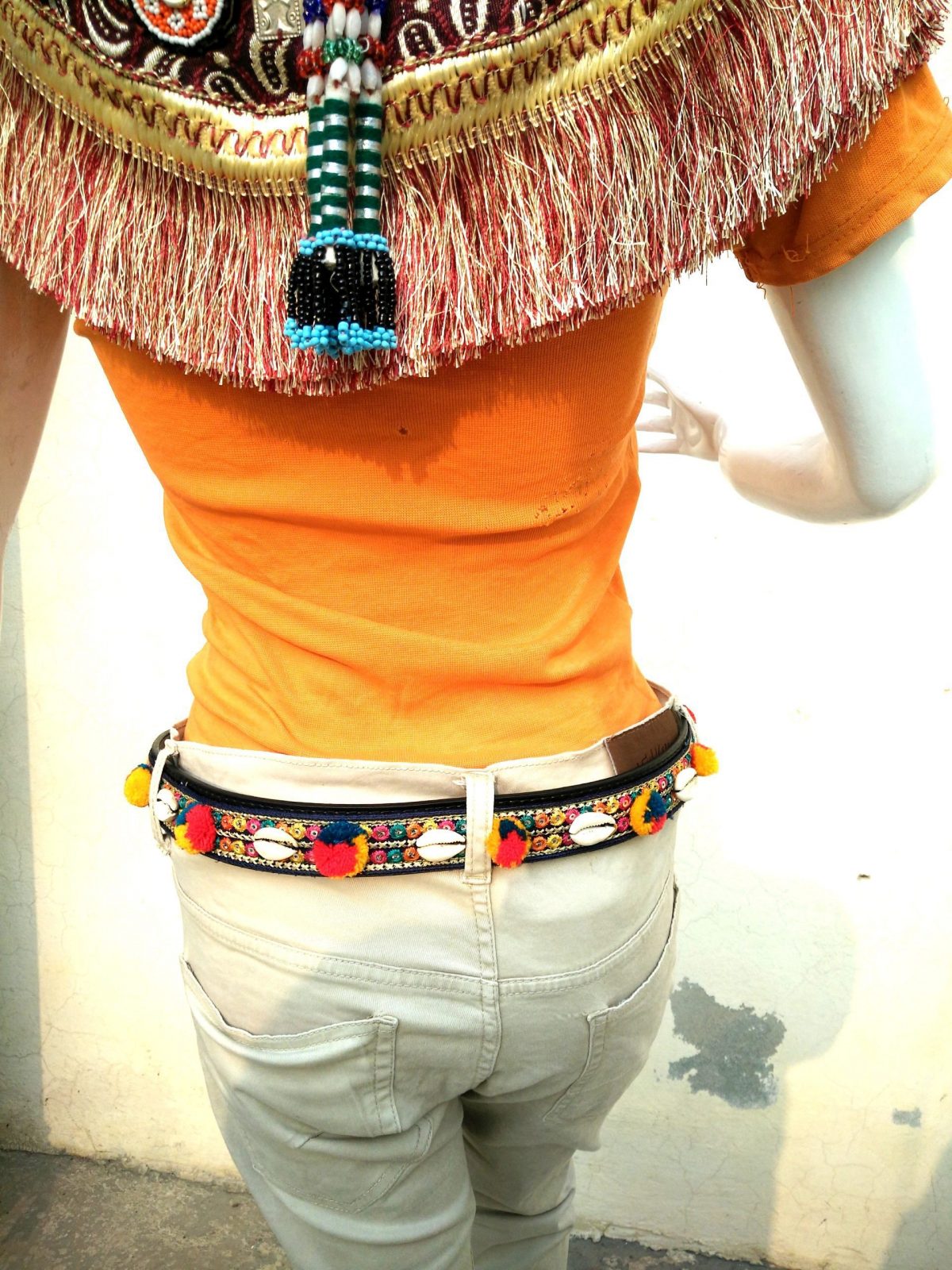 Tribal Embroidered Pompom Shell Jeans Belt