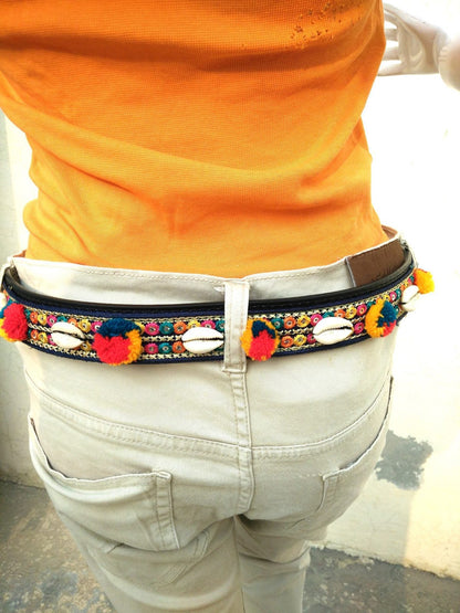 Tribal Embroidered Pompom Shell Jeans Belt