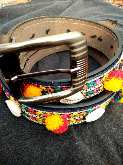 Tribal Embroidered Pompom Shell Jeans Belt