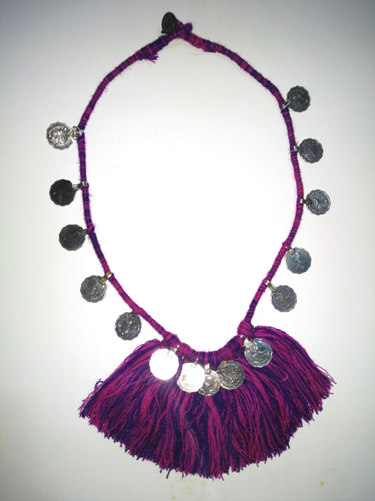 Purple Mixture Cotton Thread & Coins Necklace