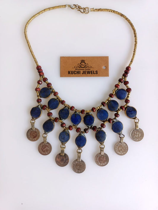 Lapiz Stone And Old Coins Necklace