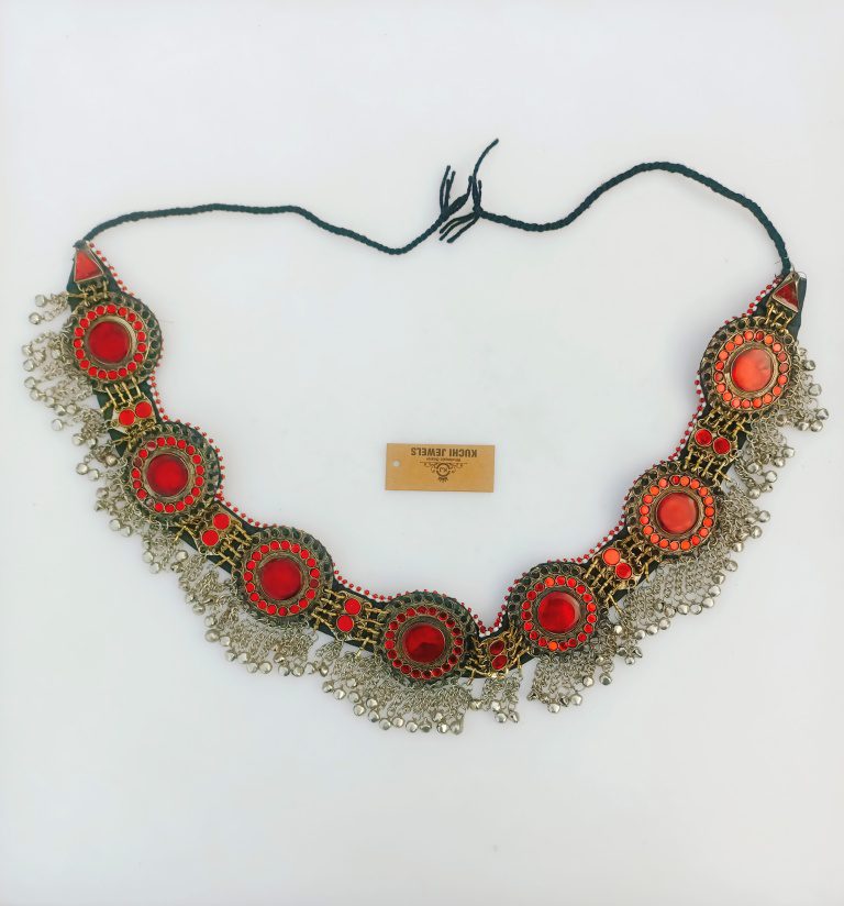 Red Stone And Metal Bells Belly Belt for Traditional Events