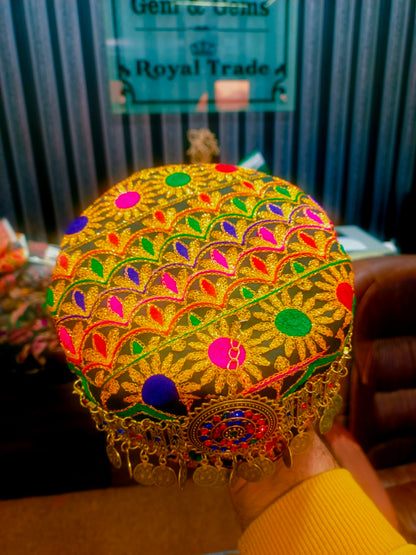 Afghan Embroidered Cap With Coins Head Piece