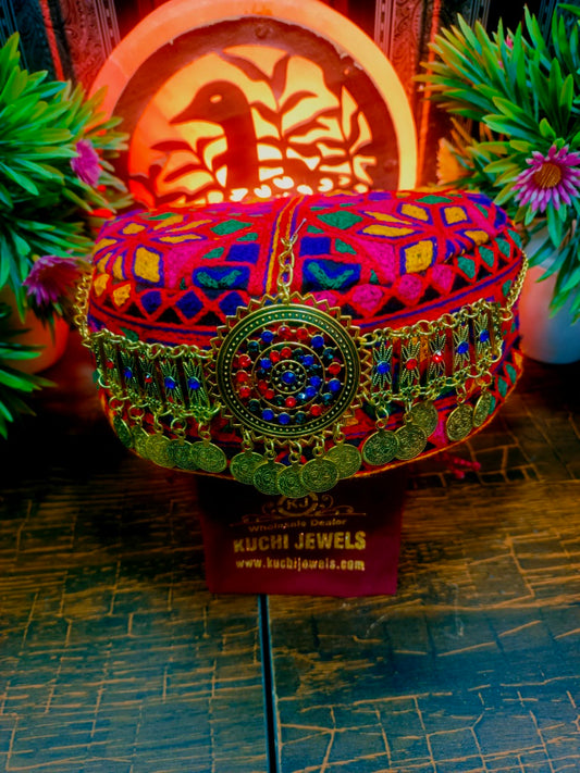 Afghan Embroidered Cap With Coins Head Piece