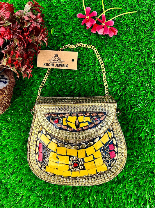 Indian Golden Metal And Stone Bag Small