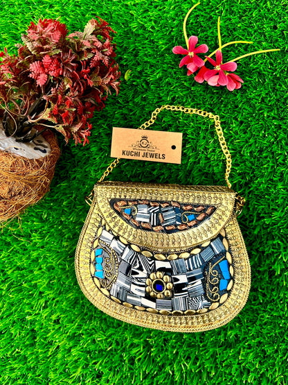 Indian Golden Metal And Stone Bag Small