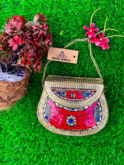 Indian Golden Metal And Stone Bag Small