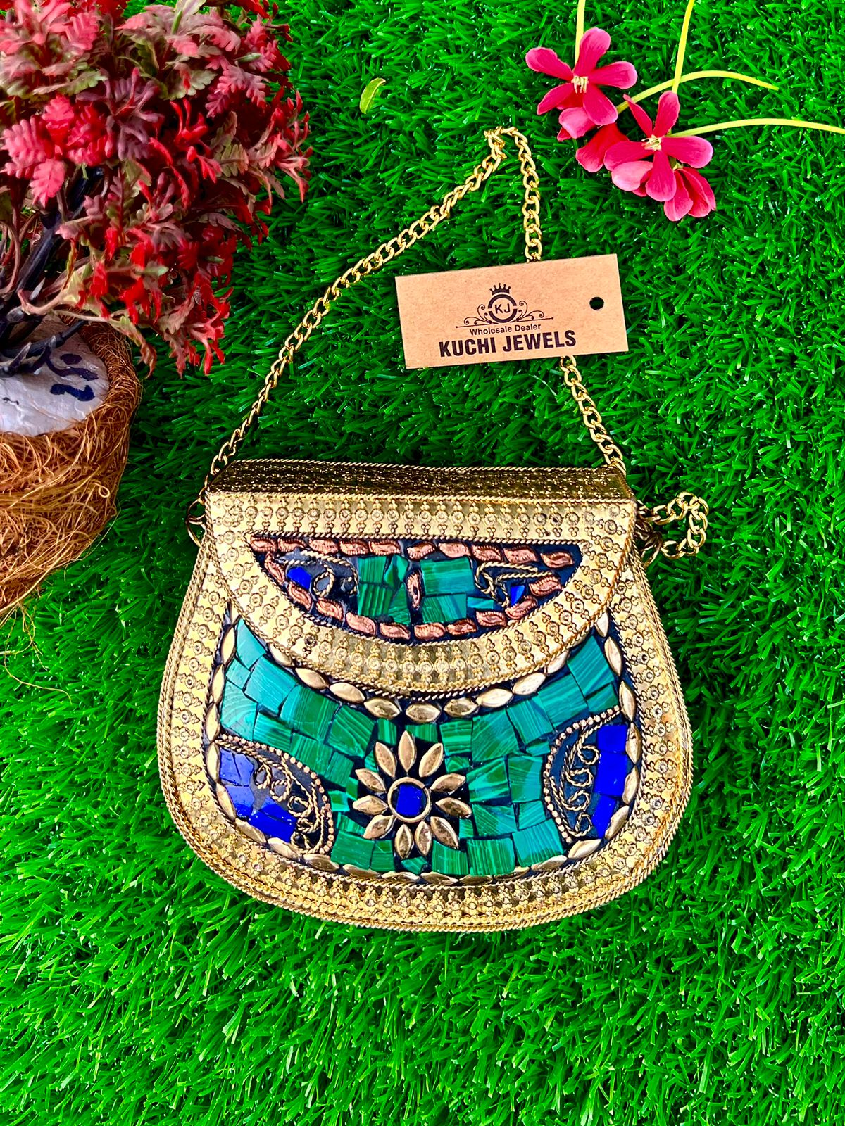 Indian Golden Metal And Stone Bag Small