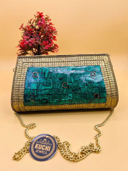 Indian Golden Metal long Green Stone Clutch Bag