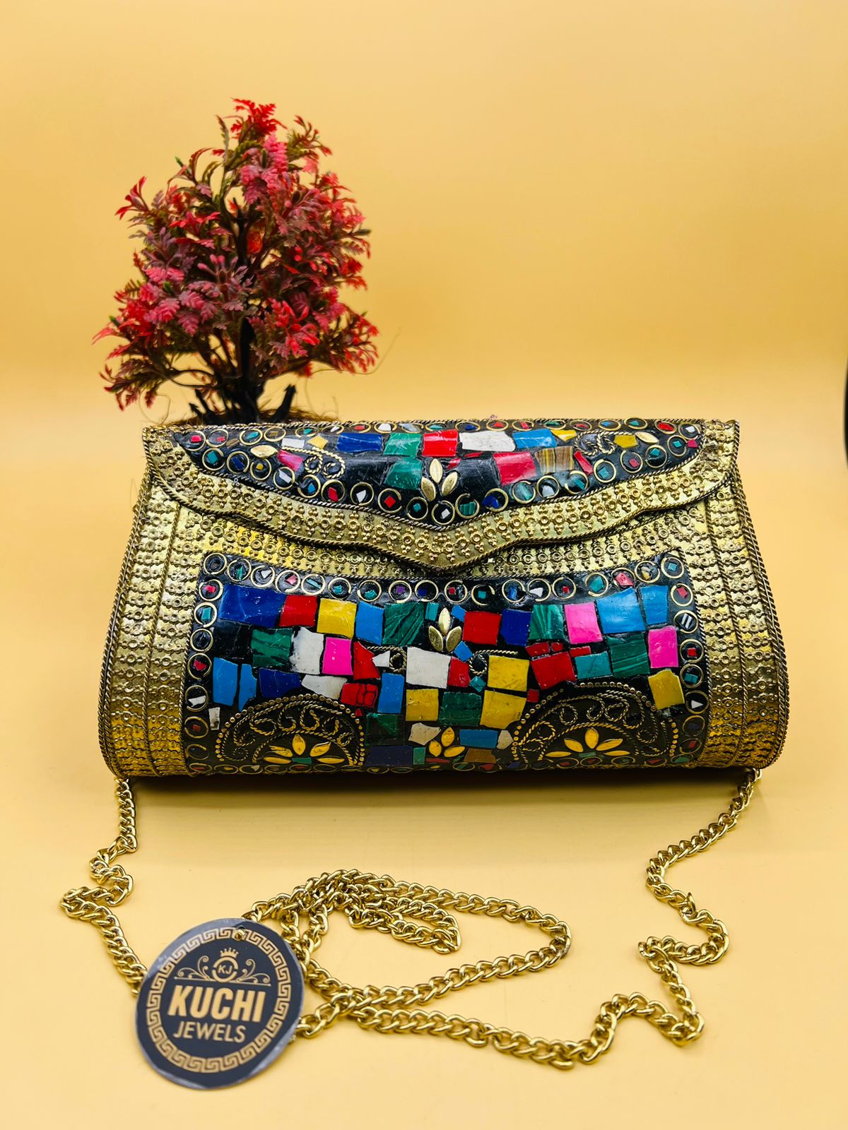 Indian Golden Metal long Multi Stone Clutch Bag