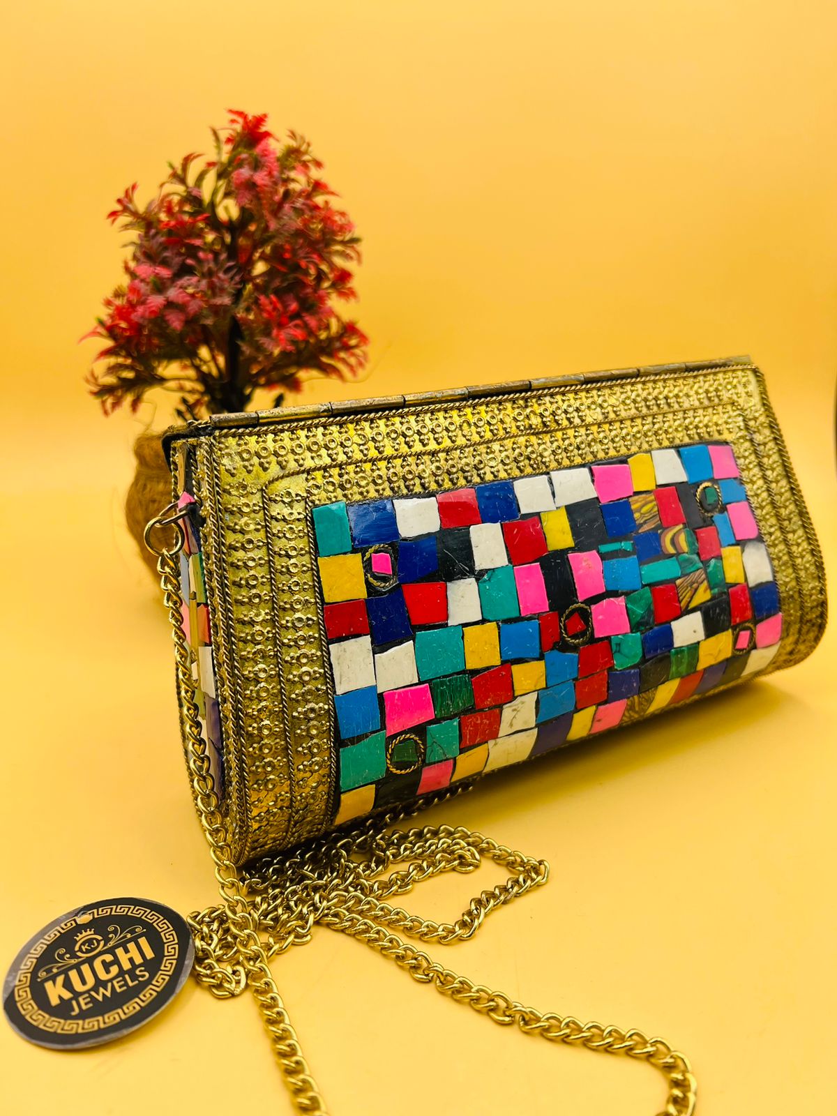 Indian Golden Metal long Multi Stone Clutch Bag