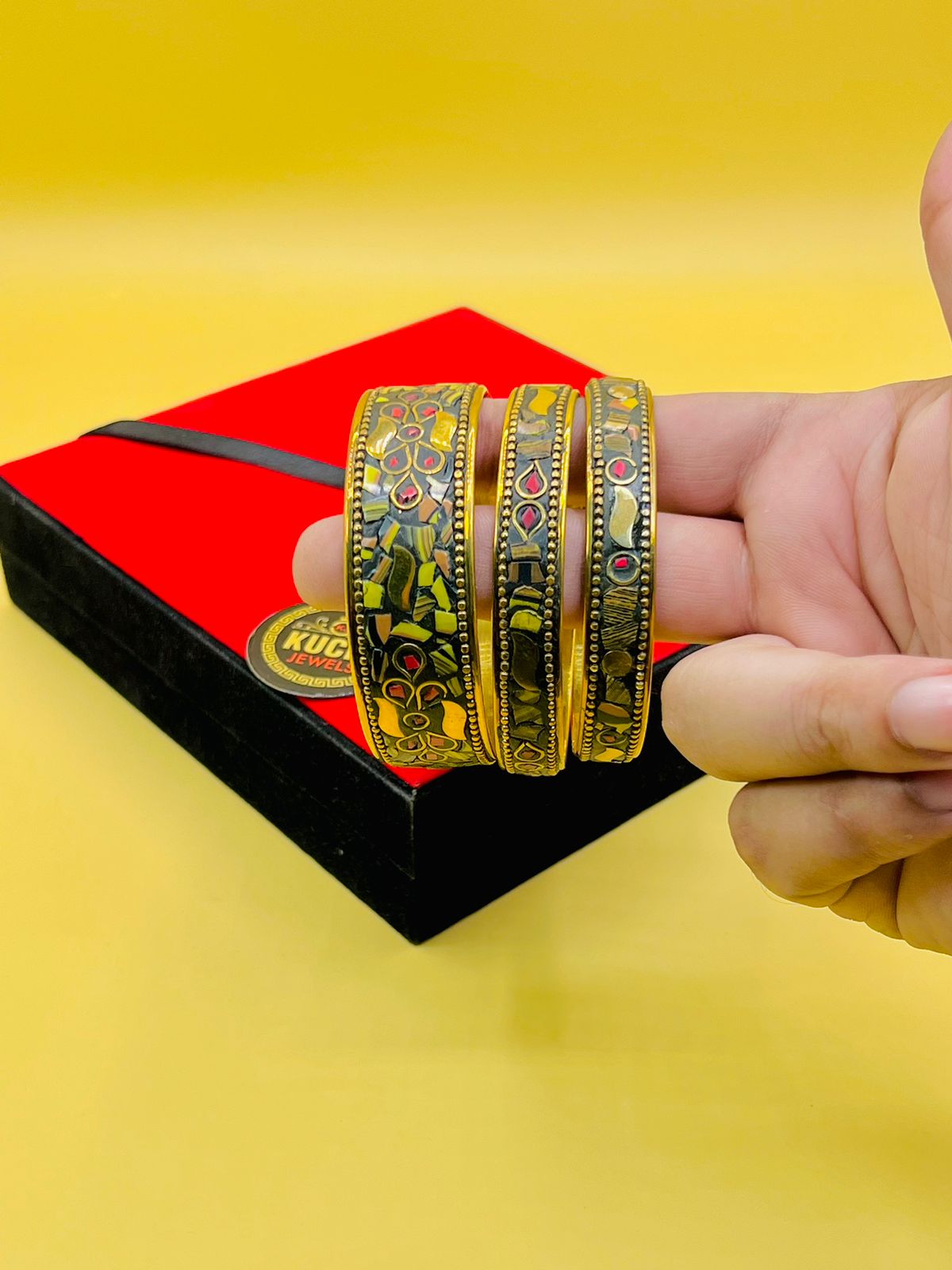 Indian Metal And Stone 3 Piece Bangles Set