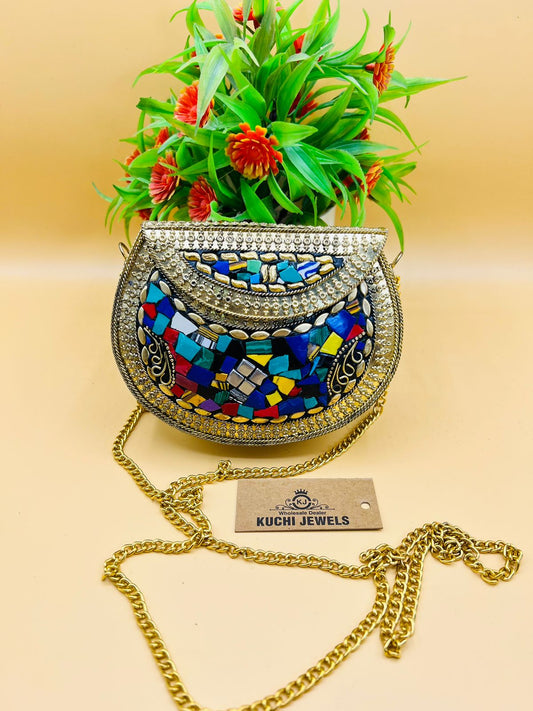 Indian Metal And Stone Small Bag With Golden Chain