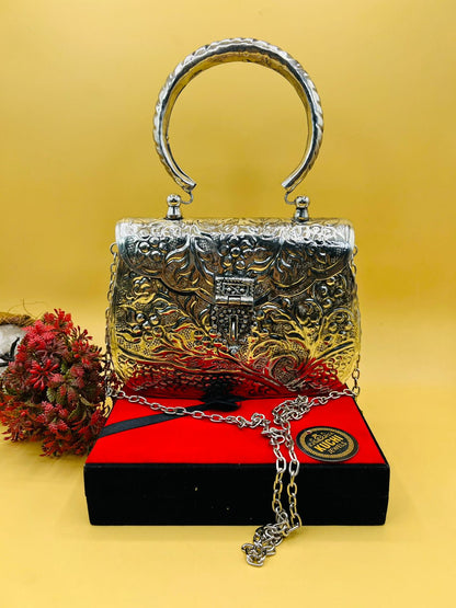 Indian Metal Silver Color Clutch With Handle