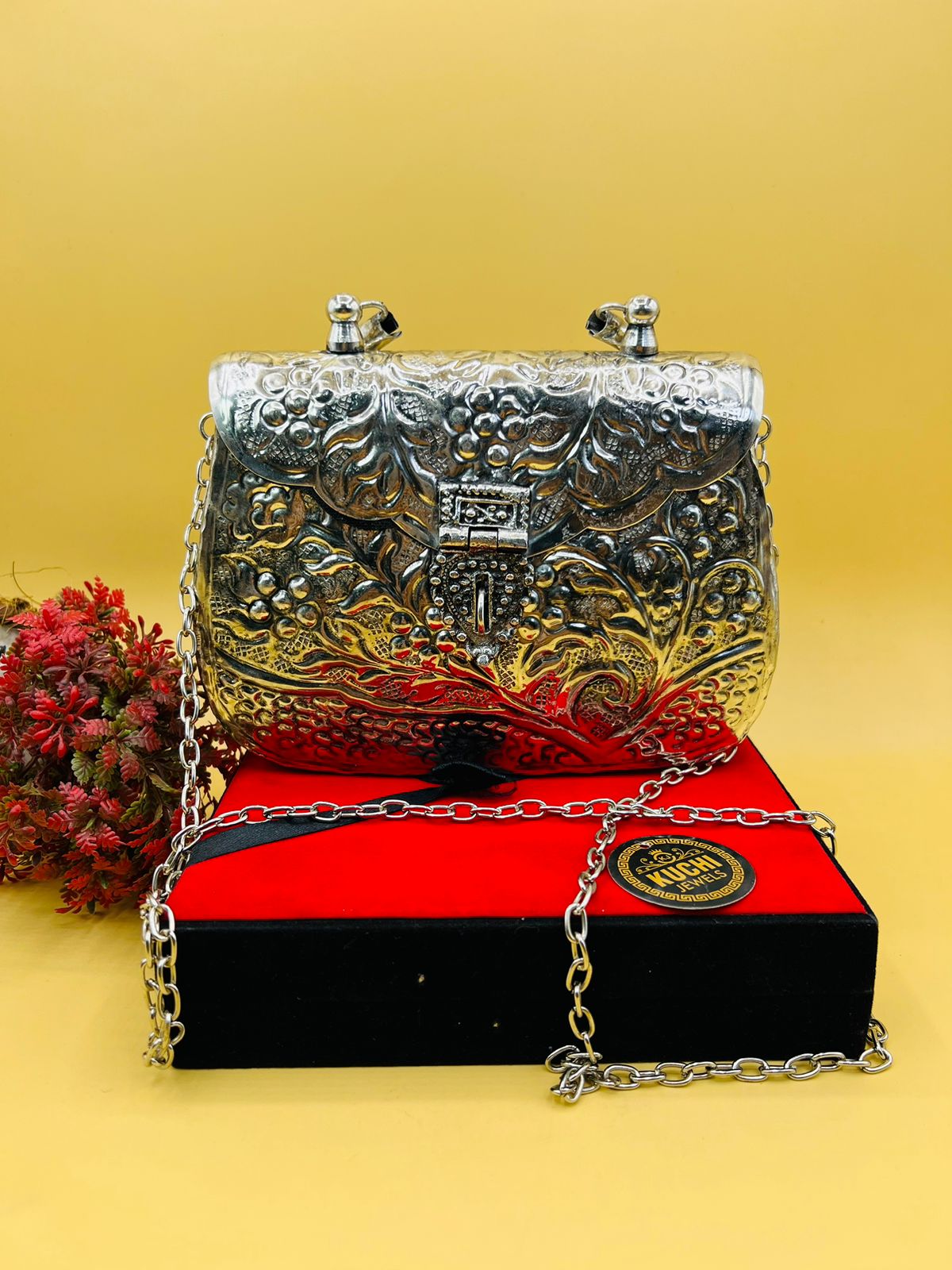 Indian Metal Silver Color Clutch With Handle