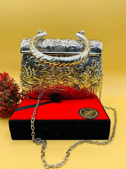 Indian Metal Silver Color Clutch With Handle