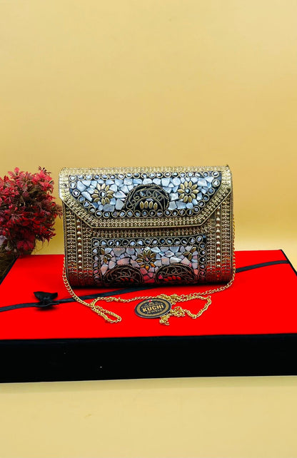 Indian Metal Stone Golden White Purse