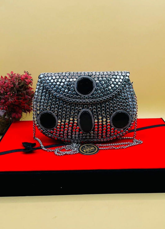 Indian Metal Stone Silver Black Bag