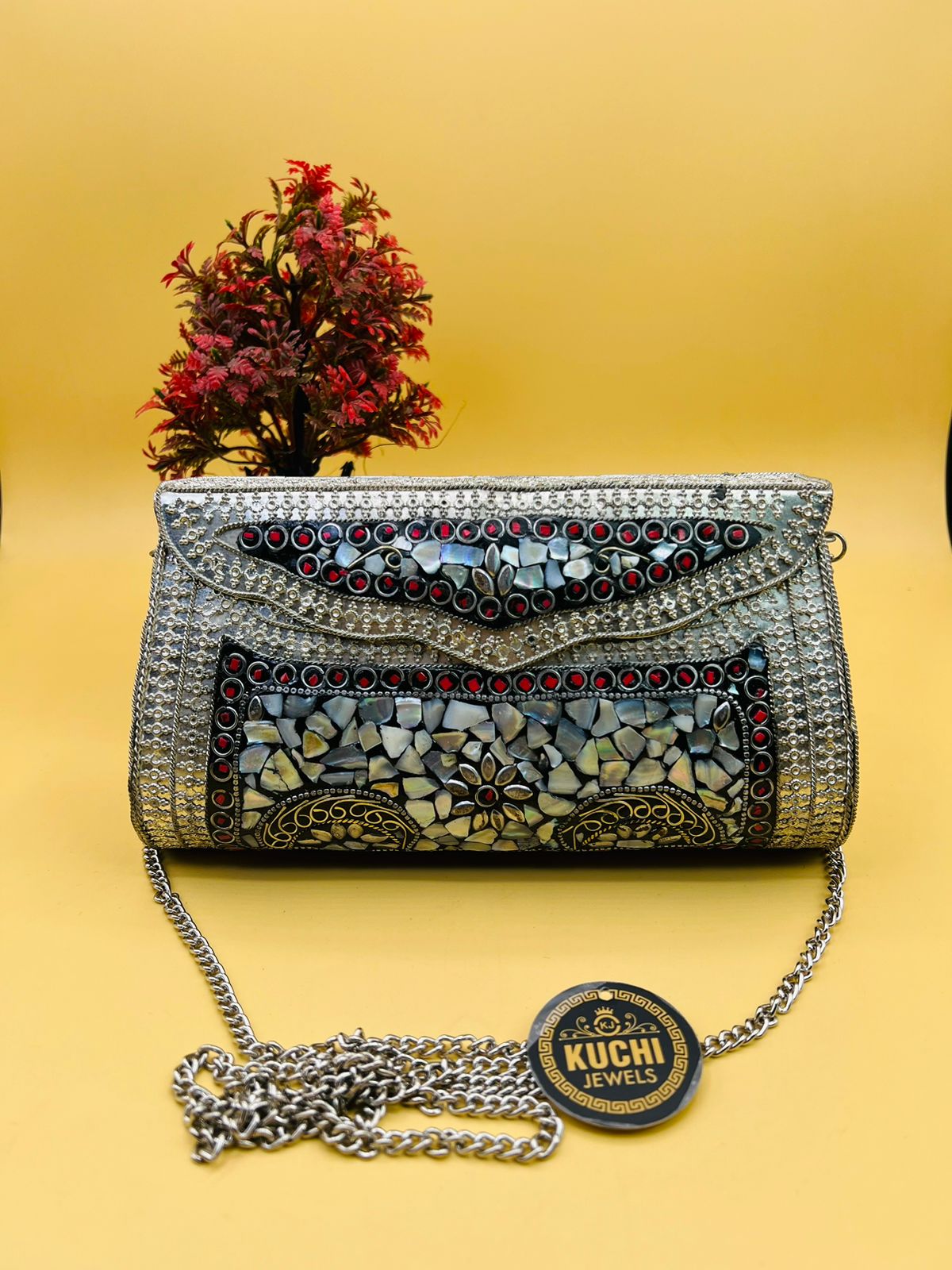 Indian Silver Metal long Mosaic Stone Clutch Bag