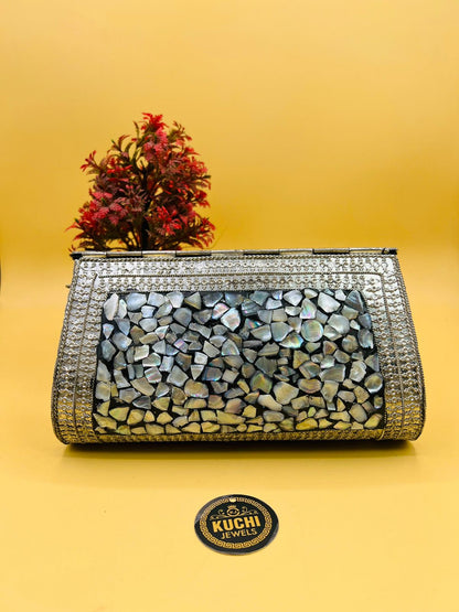 Indian Silver Metal long Mosaic Stone Clutch Bag