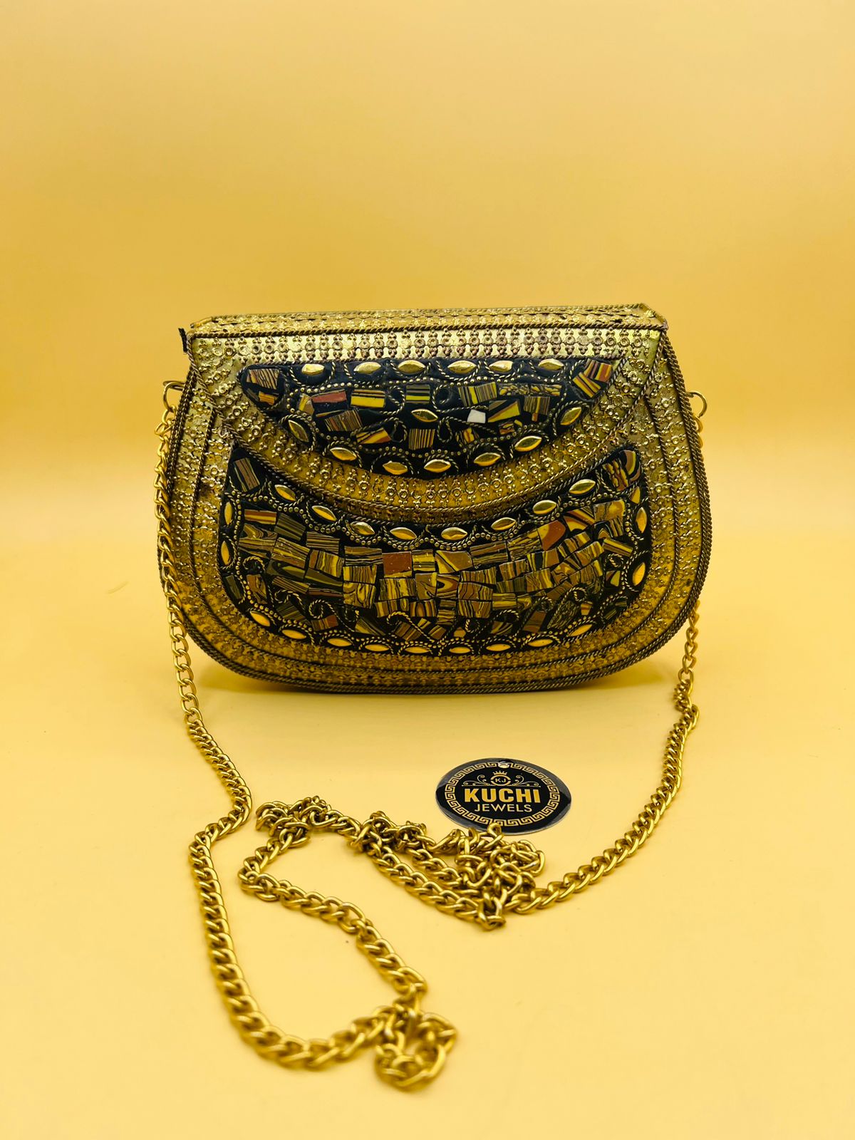 Indian Stylish Golden Metal Bag Brown Stone