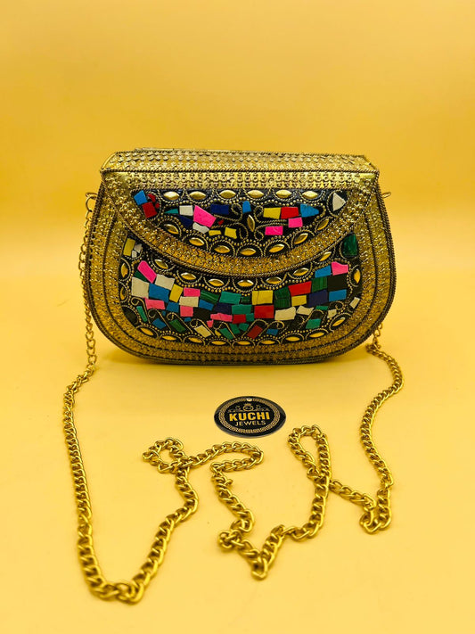 Indian Stylish Golden Metal Bag Multi Stone