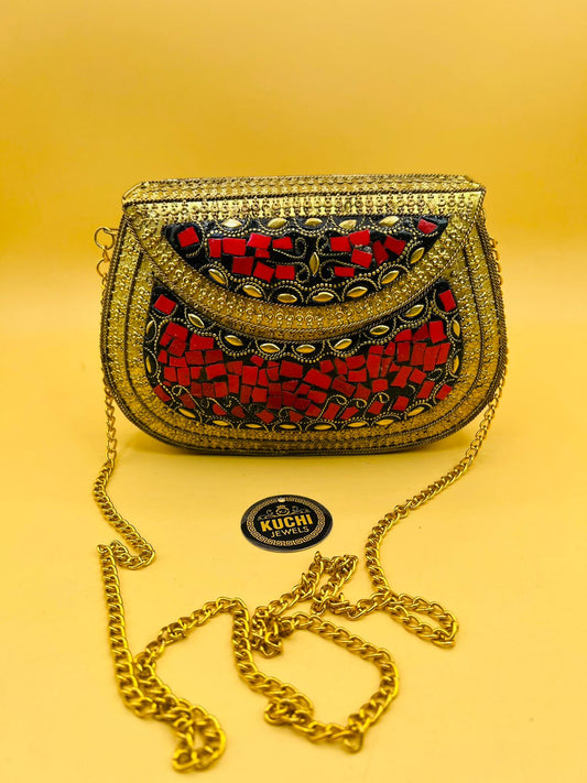 Indian Stylish Golden Metal Bag Red Stone