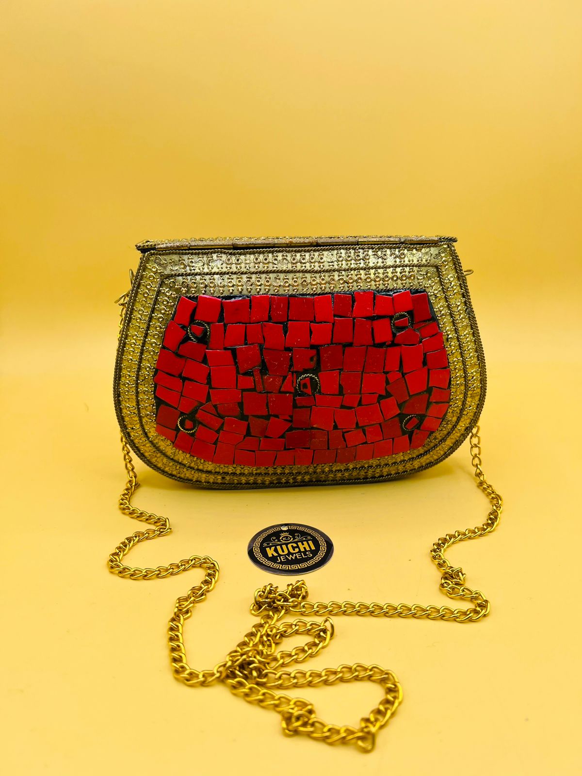 Indian Stylish Golden Metal Bag Red Stone