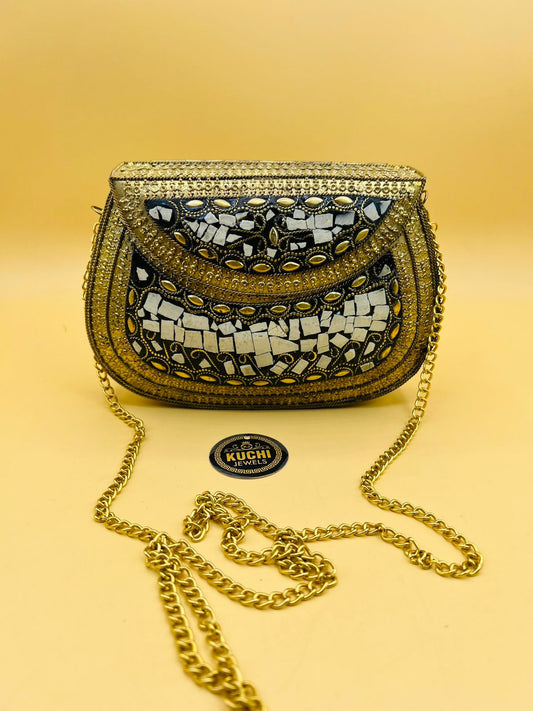 Indian Stylish Golden Metal Bag White Stone