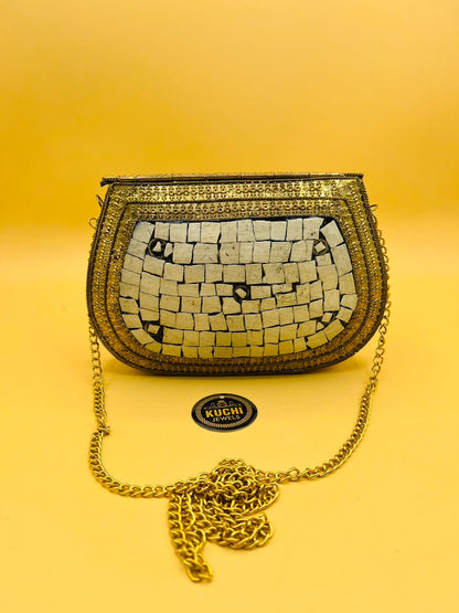 Indian Stylish Golden Metal Bag White Stone