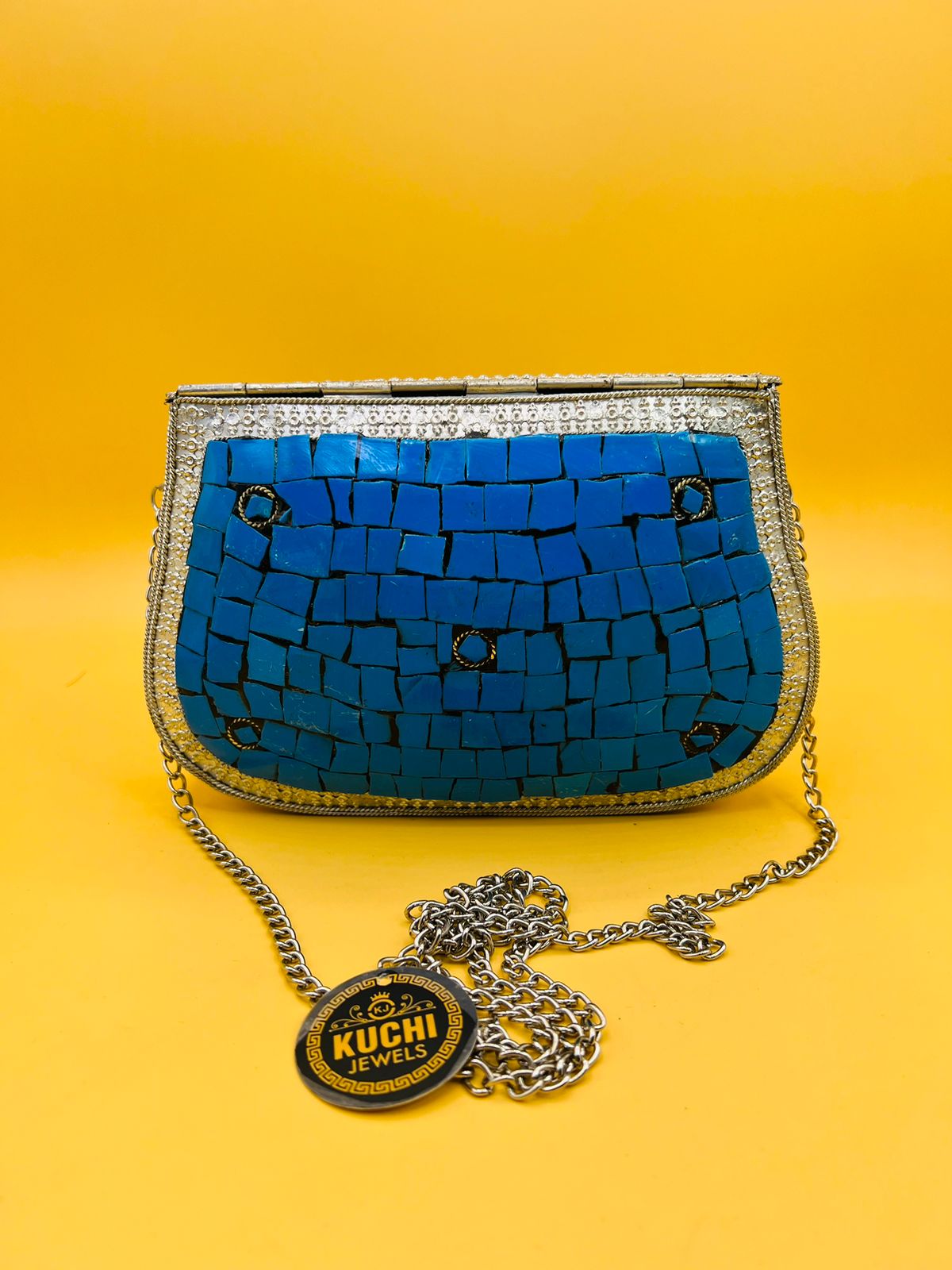 Indian Stylish Silver Metal Bag Blue Stone