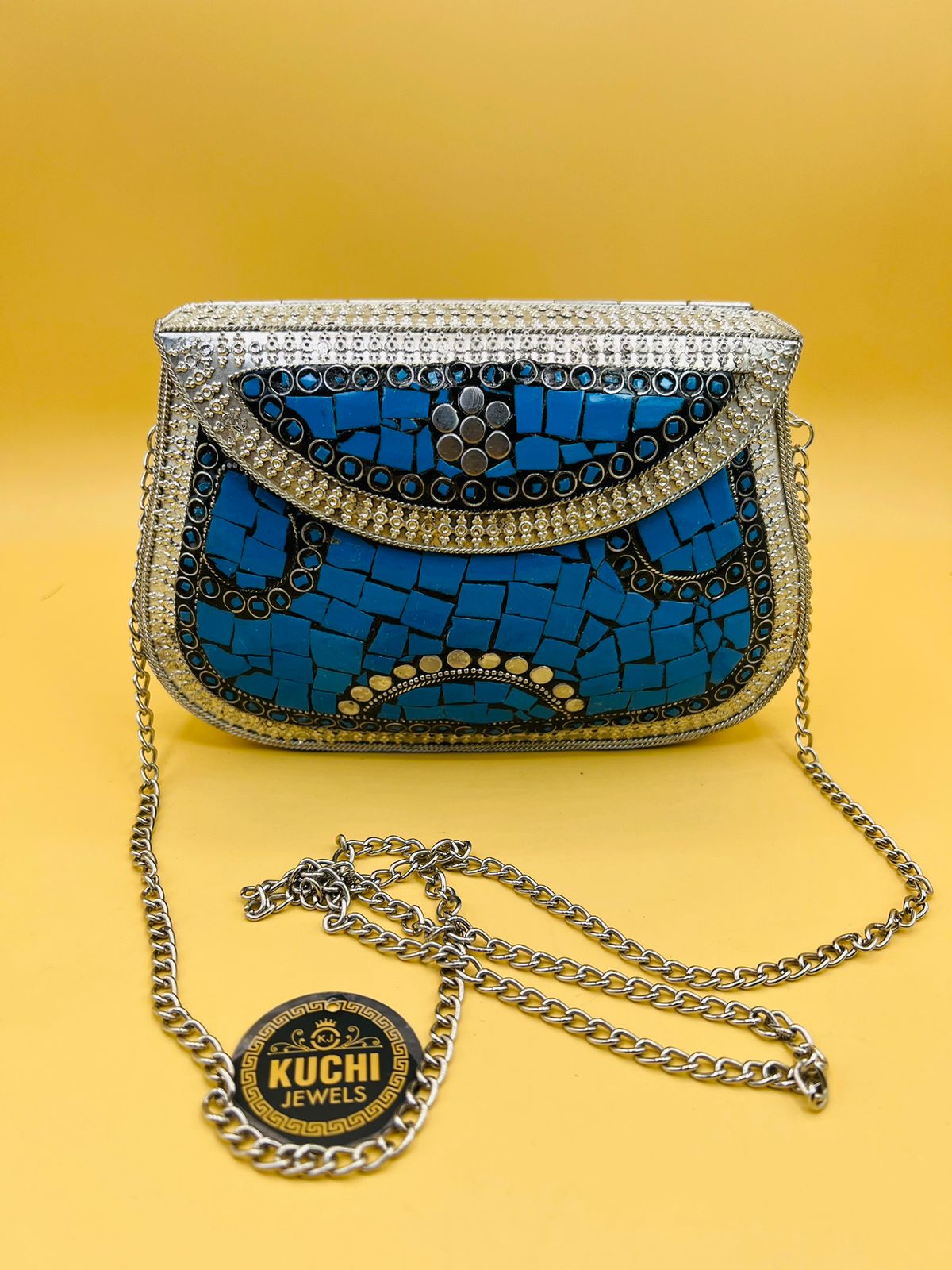 Indian Stylish Silver Metal Bag Blue Stone