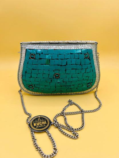 Indian Stylish Silver Metal Bag Green Stone